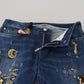 Blue Crystal Pins Slim Fit Denim Cotton Jeans