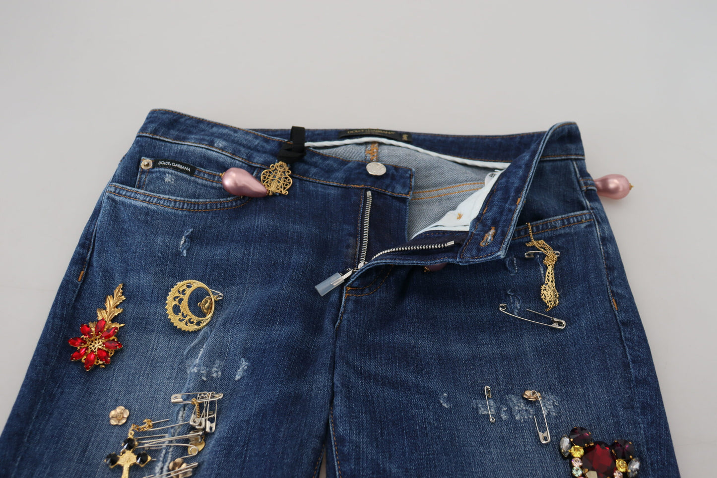 Blue Crystal Pins Slim Fit Denim Cotton Jeans