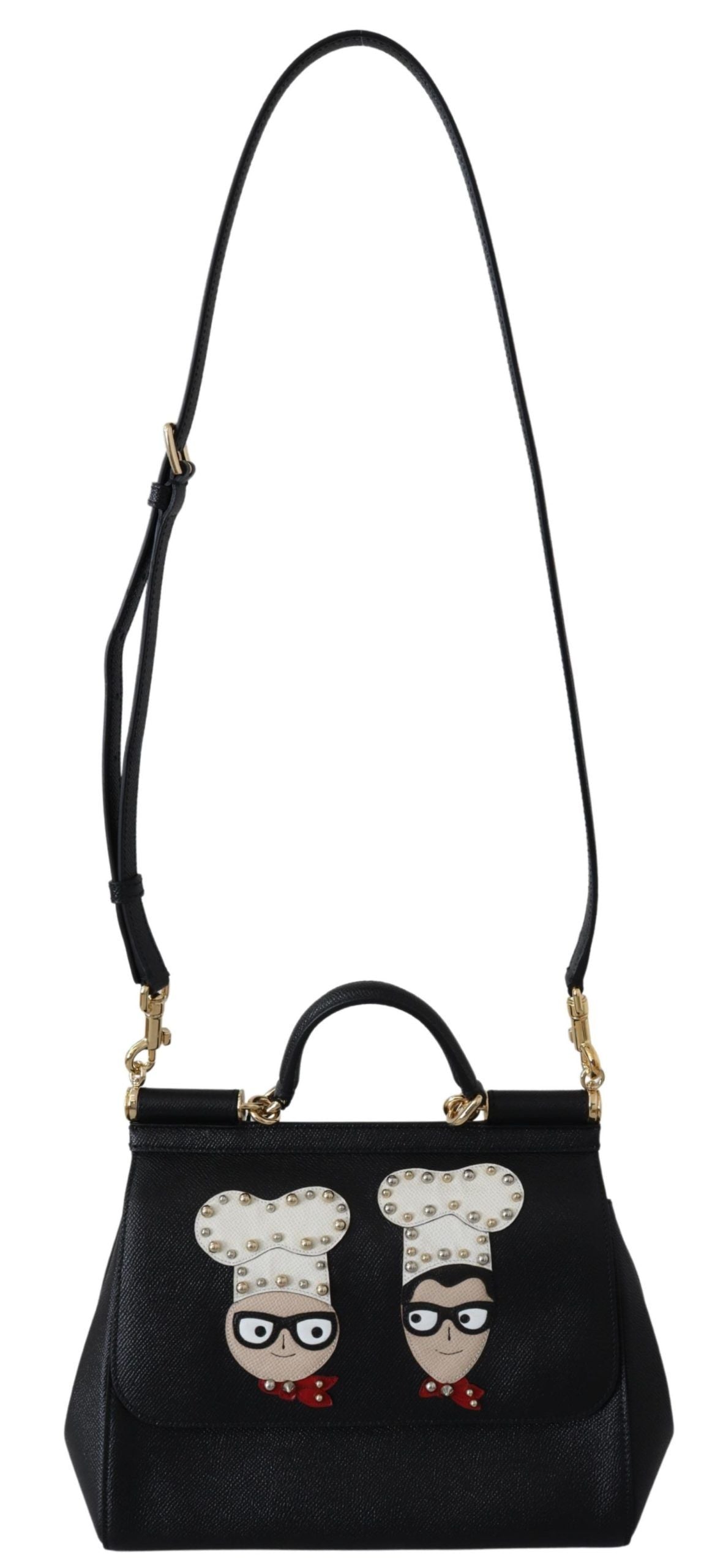 Chic Black Leather Sicily Handbag with Angel Detail