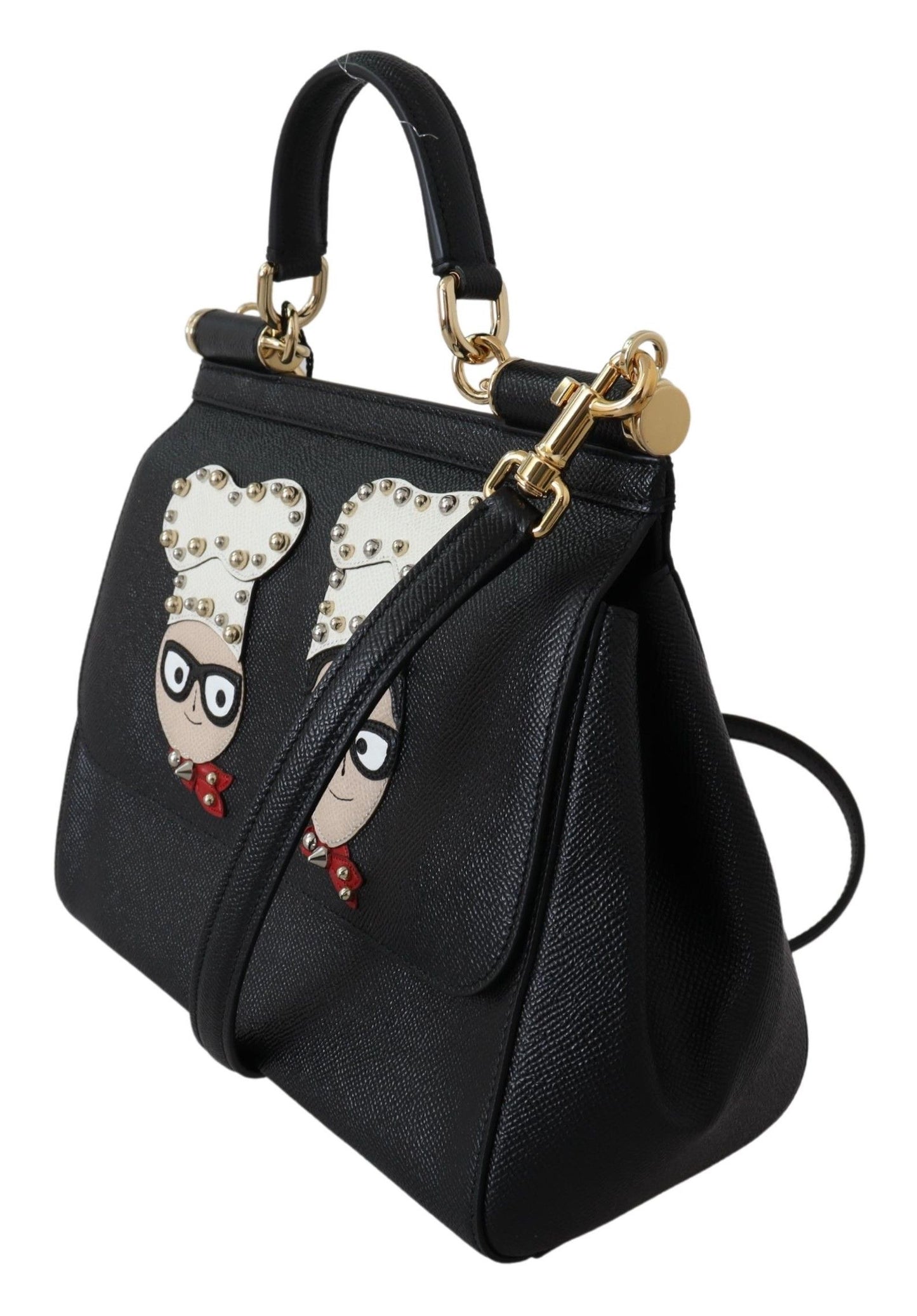 Chic Black Leather Sicily Handbag with Angel Detail