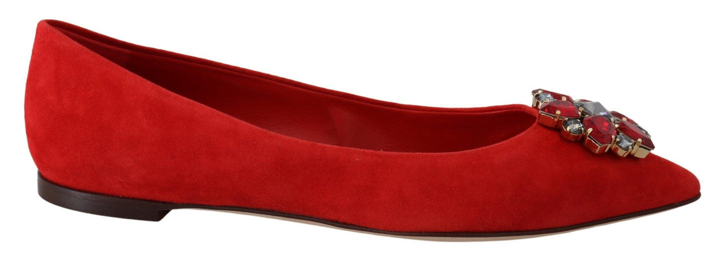 Crystal-Embellished Red Suede Flats