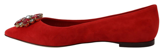 Crystal-Embellished Red Suede Flats