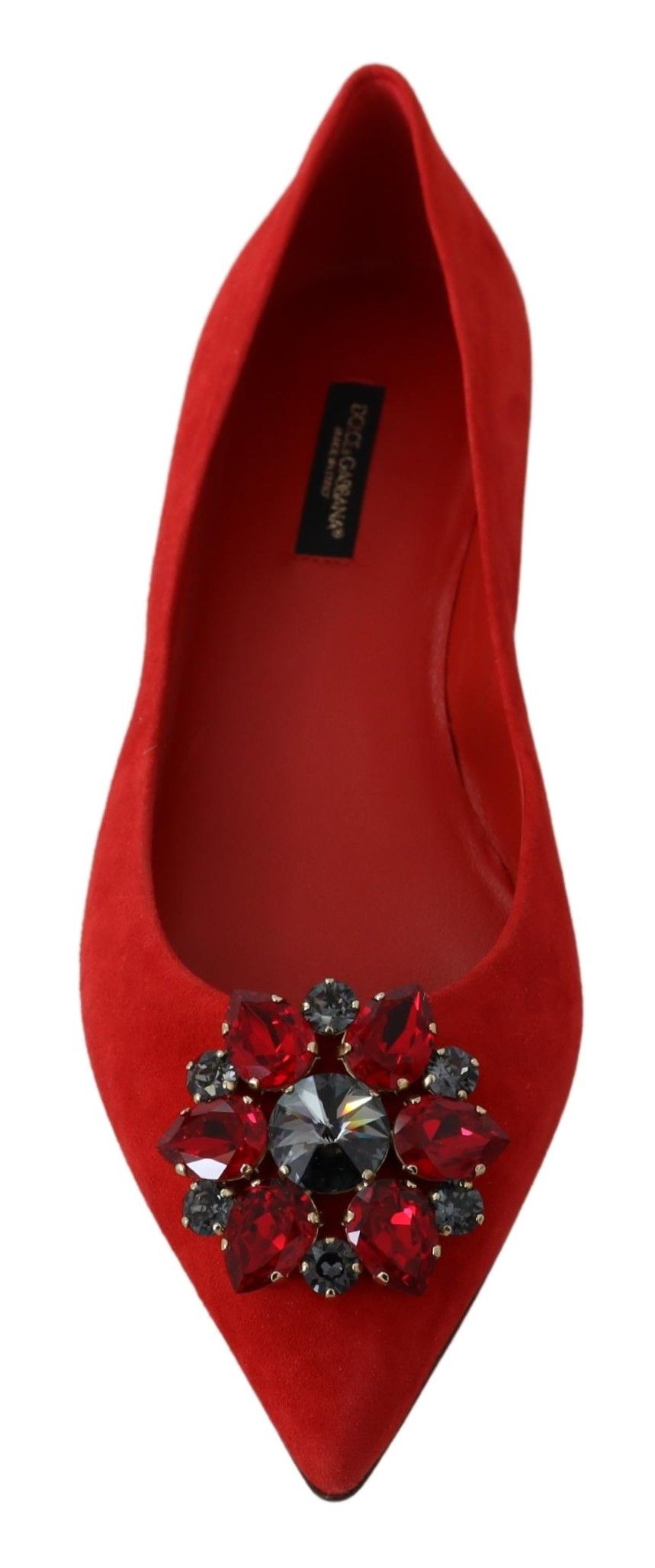 Crystal-Embellished Red Suede Flats