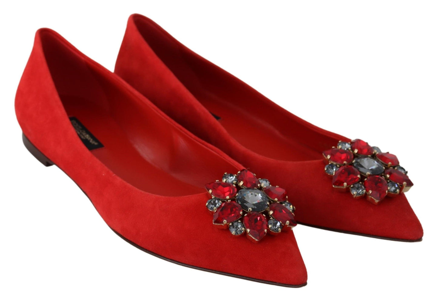 Crystal-Embellished Red Suede Flats