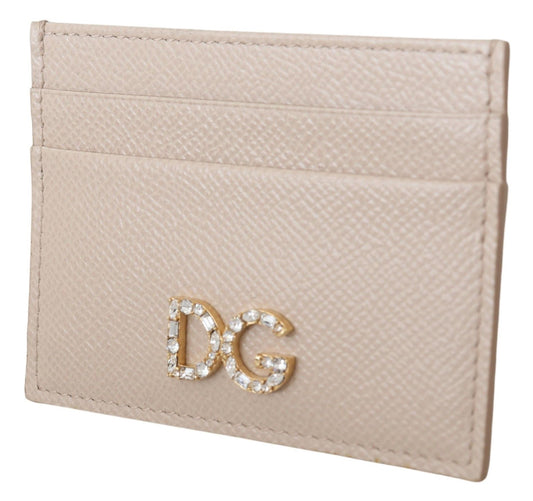 Chic Beige Leather Card Holder with Jewel Logo