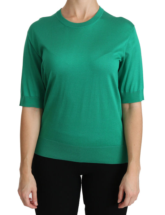 Elegant Green Silk Crew Neck Blouse