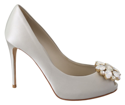 White Crystal Peep Toe Silk Blend Heels