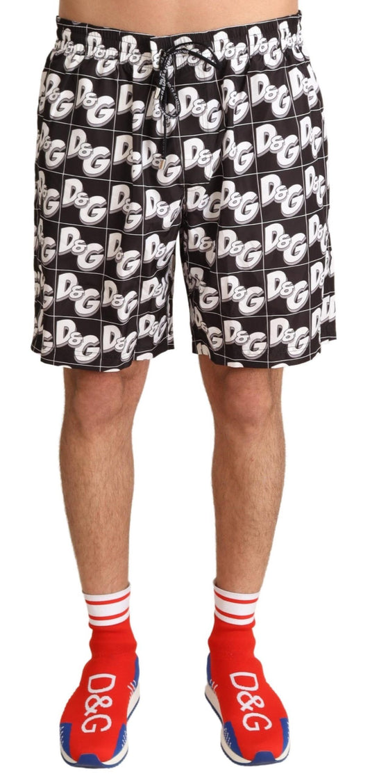 Elegant Black Swim Trunks with White Logo Print