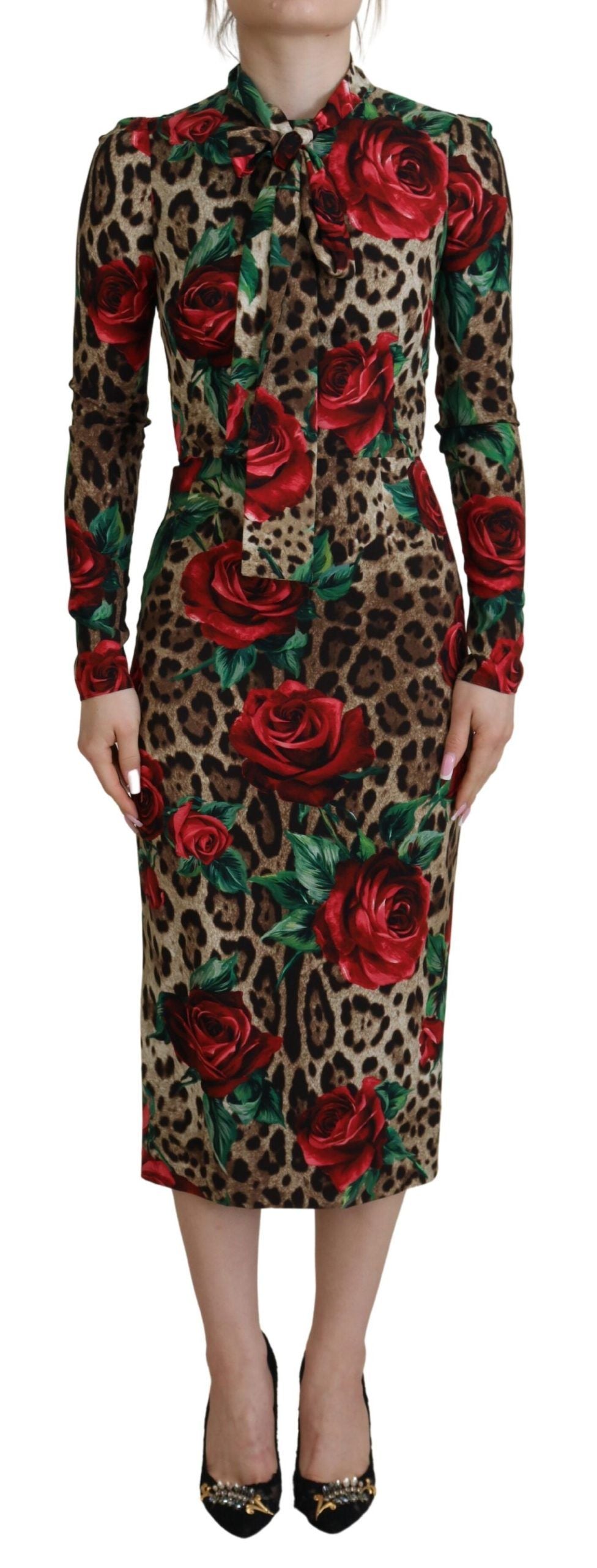 Chic Leopard Rose Silk Bodycon Dress