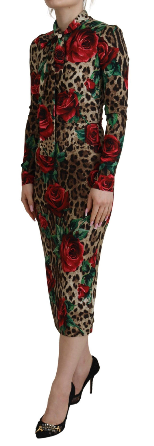 Chic Leopard Rose Silk Bodycon Dress