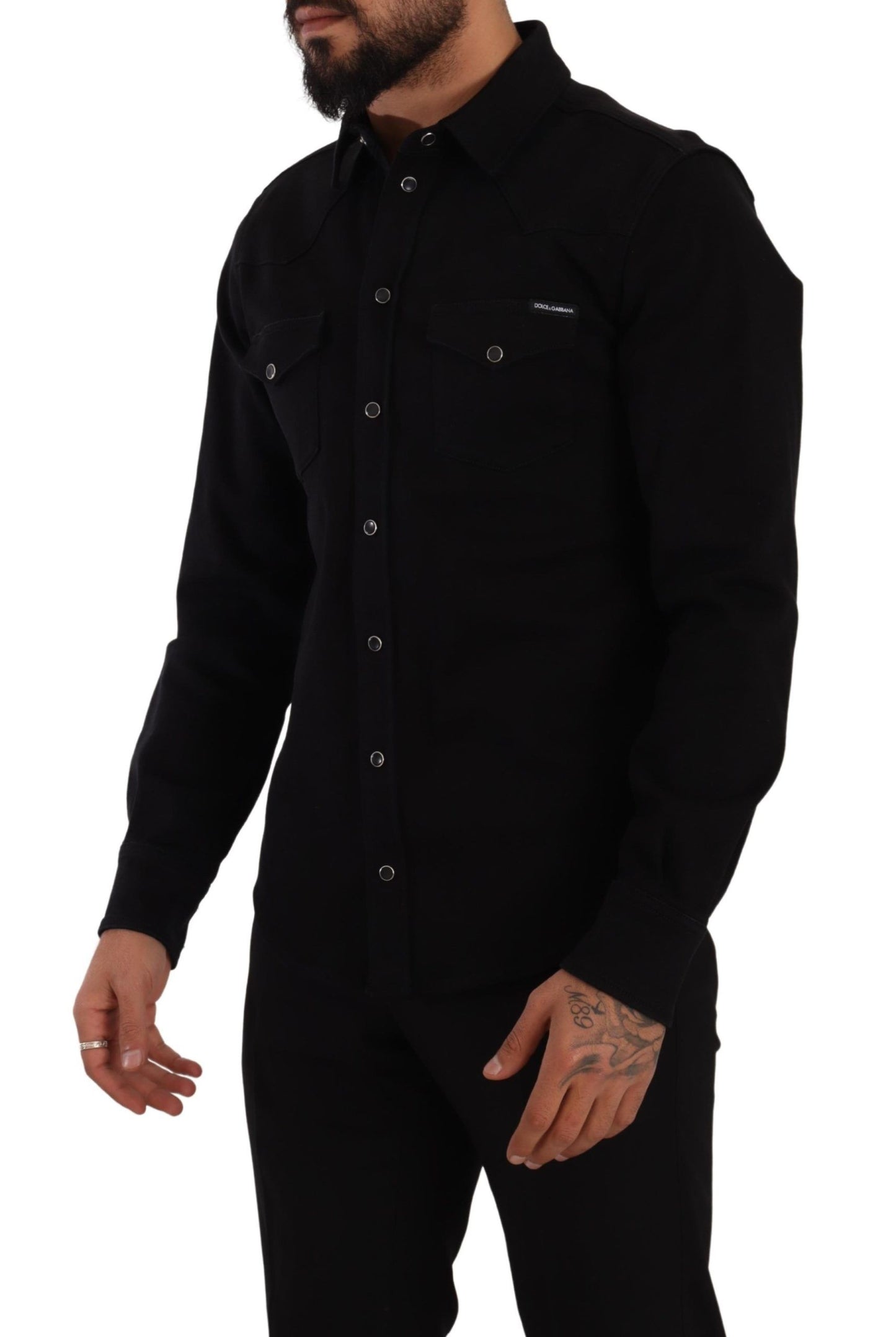 Black Slim Cotton Denim Stretch Shirt