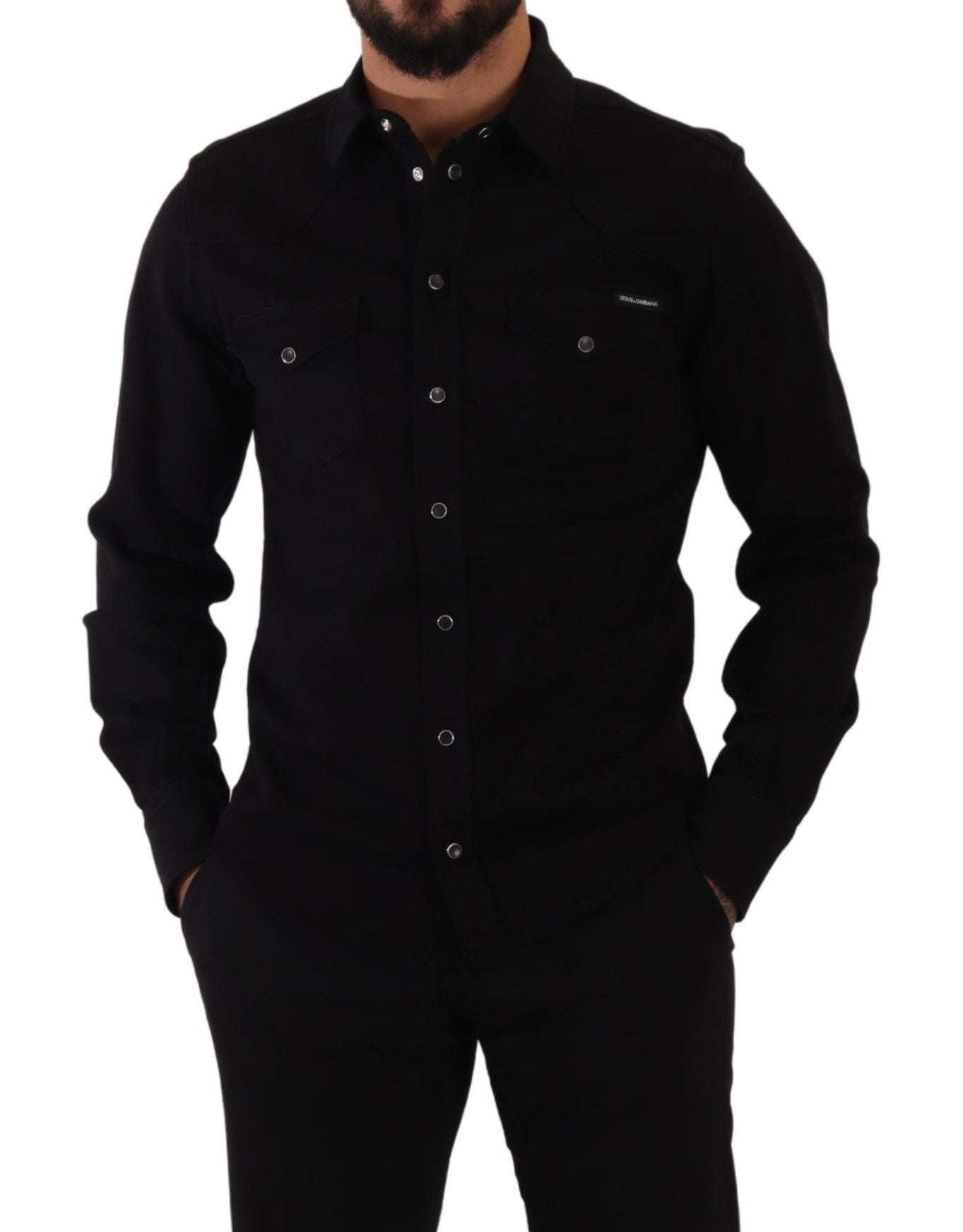 Black Slim Cotton Denim Stretch Shirt