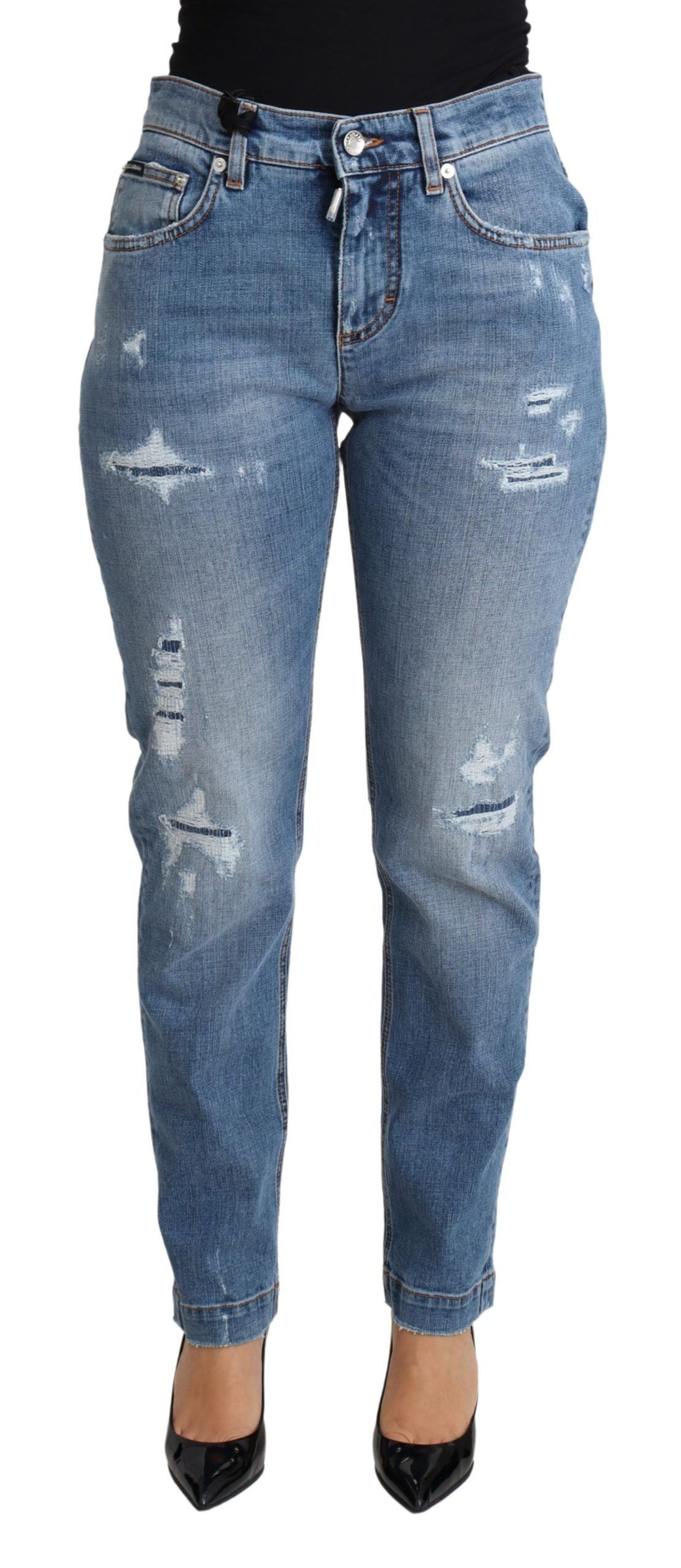 Blue Tattered Skinny Denim Cotton Blend Jeans