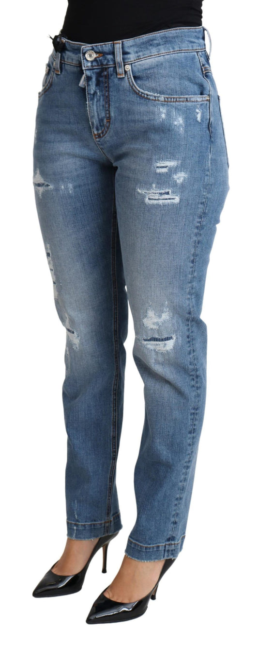 Blue Tattered Skinny Denim Cotton Blend Jeans