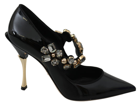 Crystal Embellished Black Leather Pumps