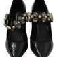 Crystal Embellished Black Leather Pumps