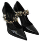 Crystal Embellished Black Leather Pumps