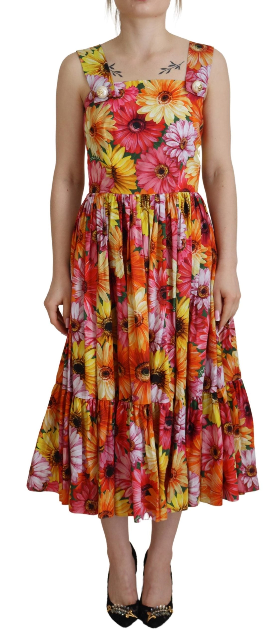 Elegant Floral Midi Cotton Dress