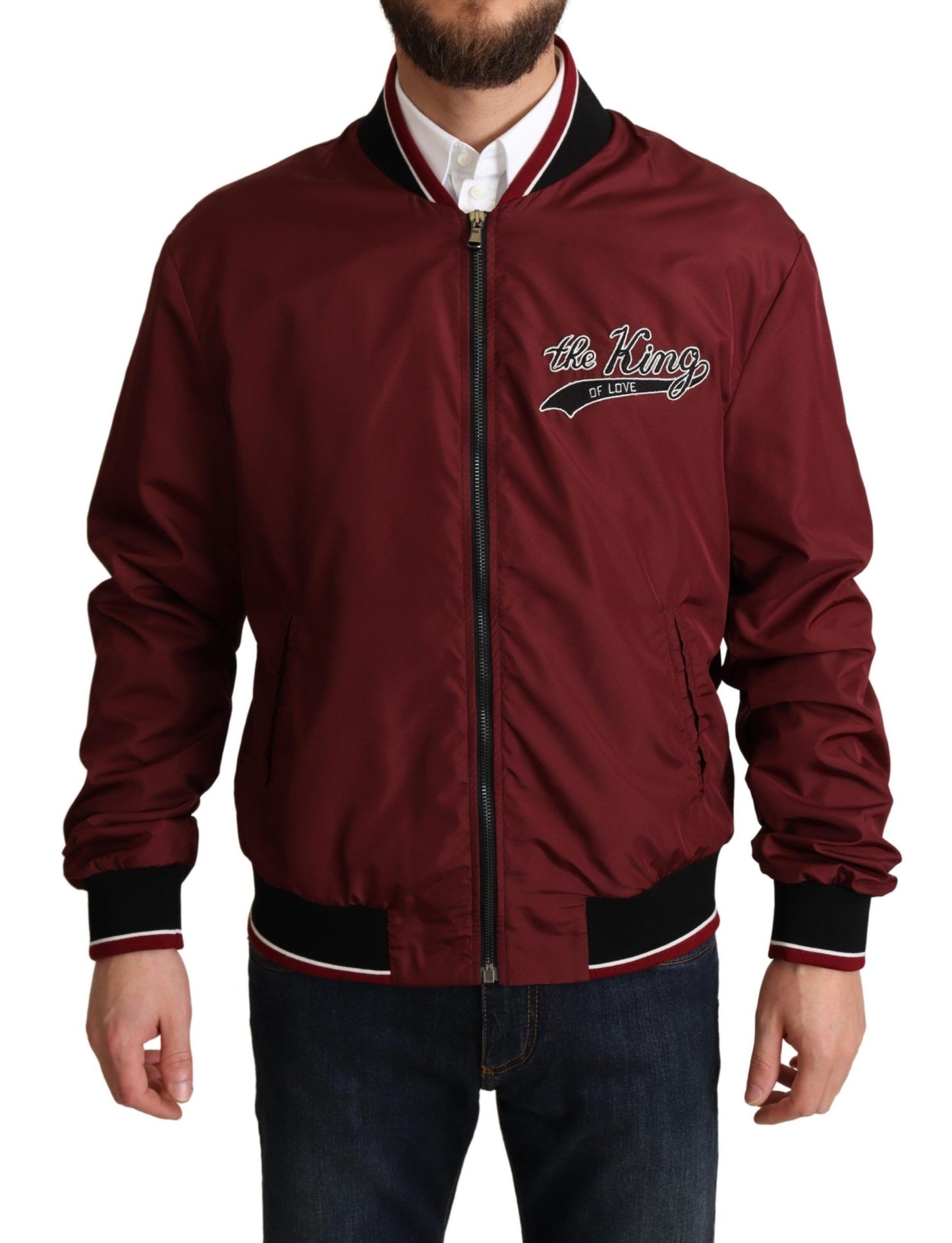 Red Polyester Full Zip Bomber Jacket