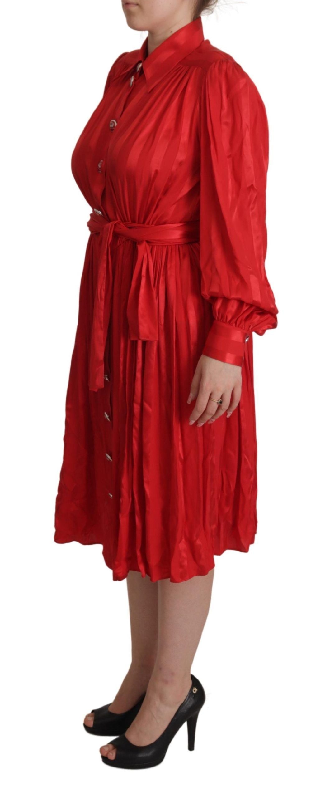 Elegant Red Silk Midi Dress with Button Detail