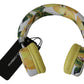 Chic White Leather Headphones with Yellow Print