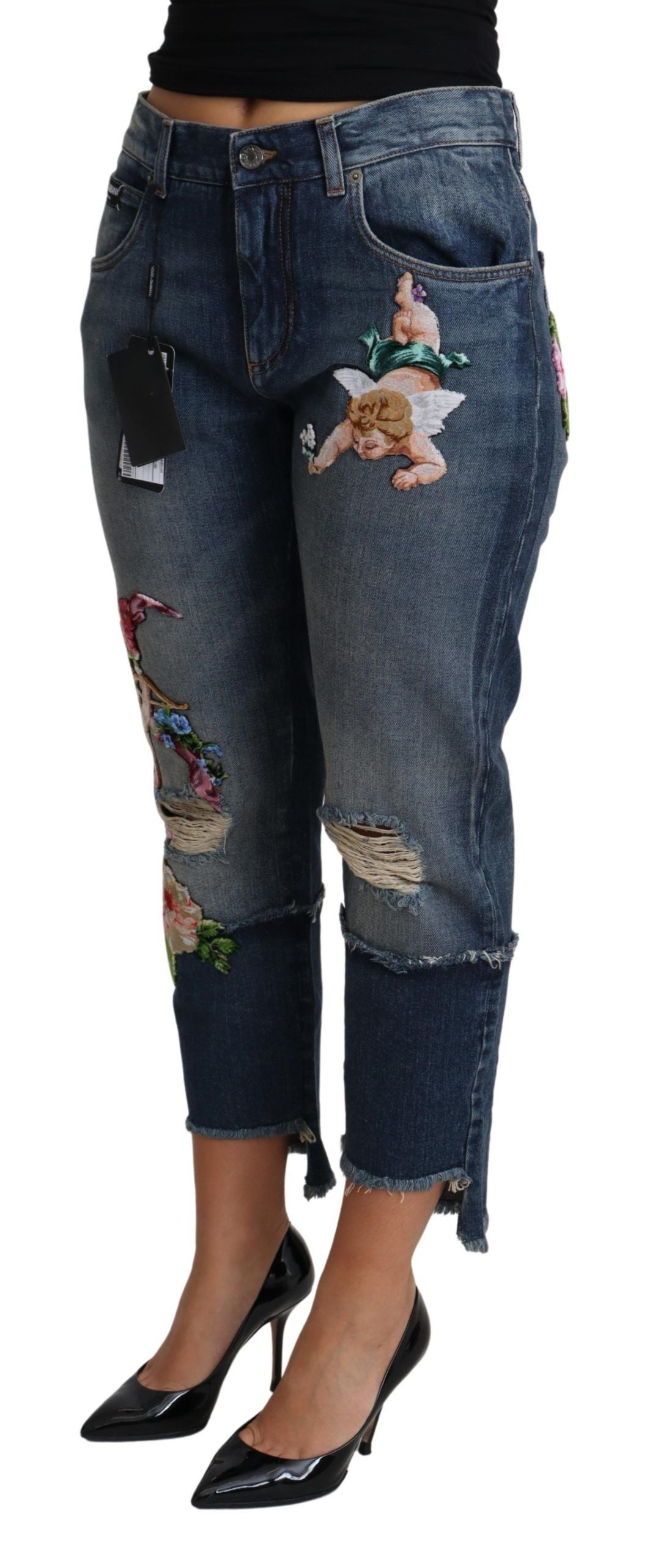 Floral Embroidered Cropped Capri Jeans