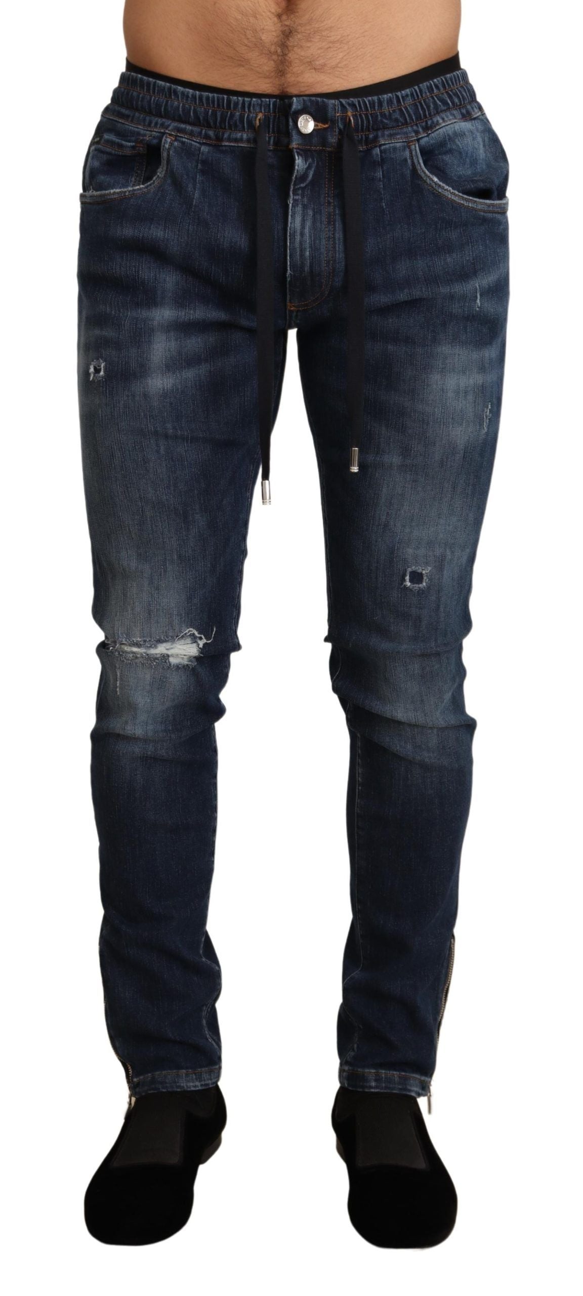 Blue Cotton Stretch Tattered Denim Jeans