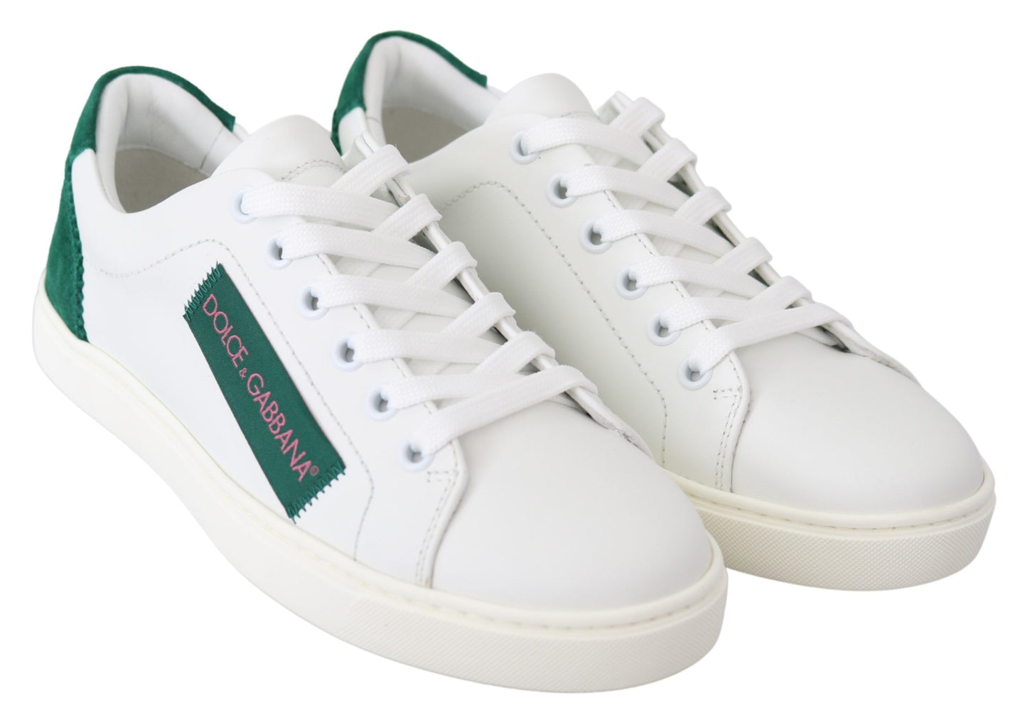 Elegant Leather Lace-Up Sneakers in White & Green