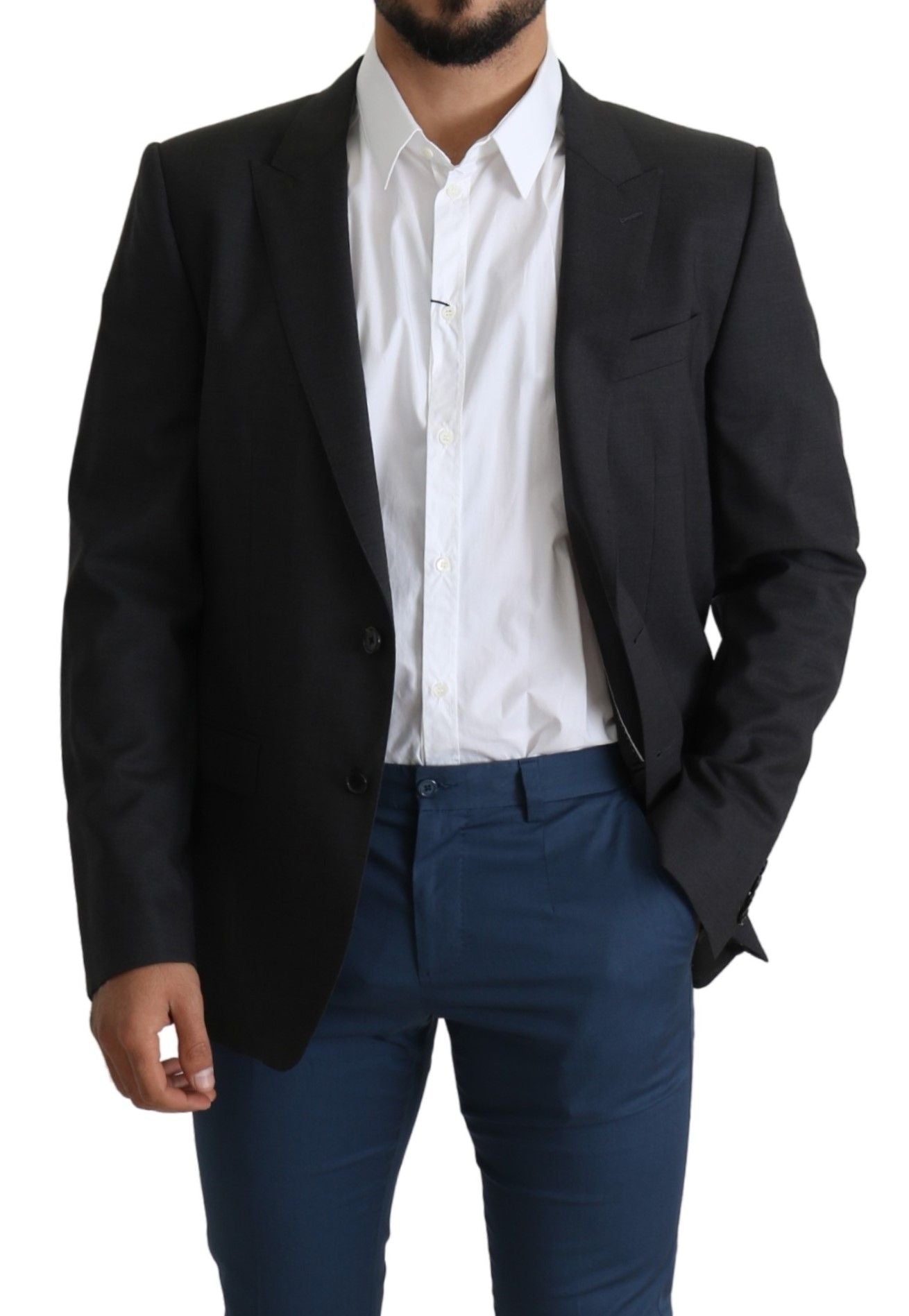 Elegant Gray Wool Silk Blend Slim Fit Blazer