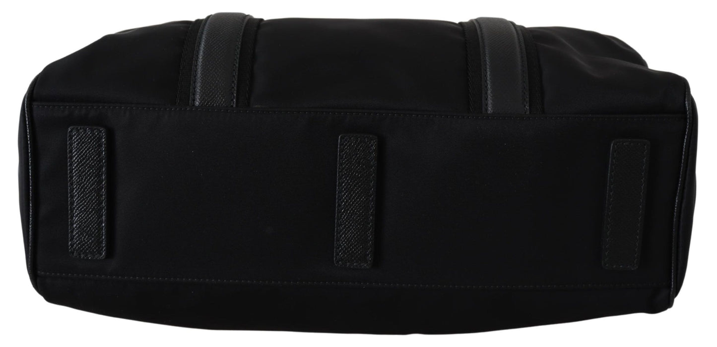 Elegant Black Nylon Leather Messenger Bag