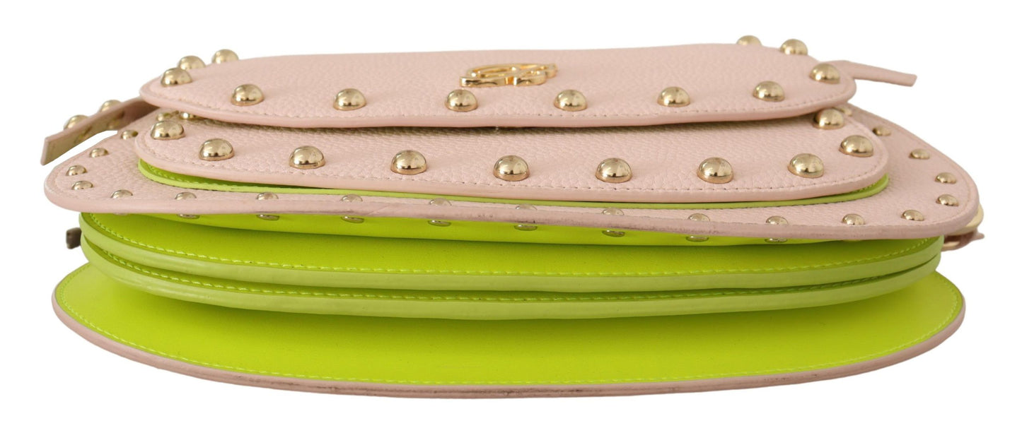 Elegant Leather Shoulder Flap Bag in Pink & Green