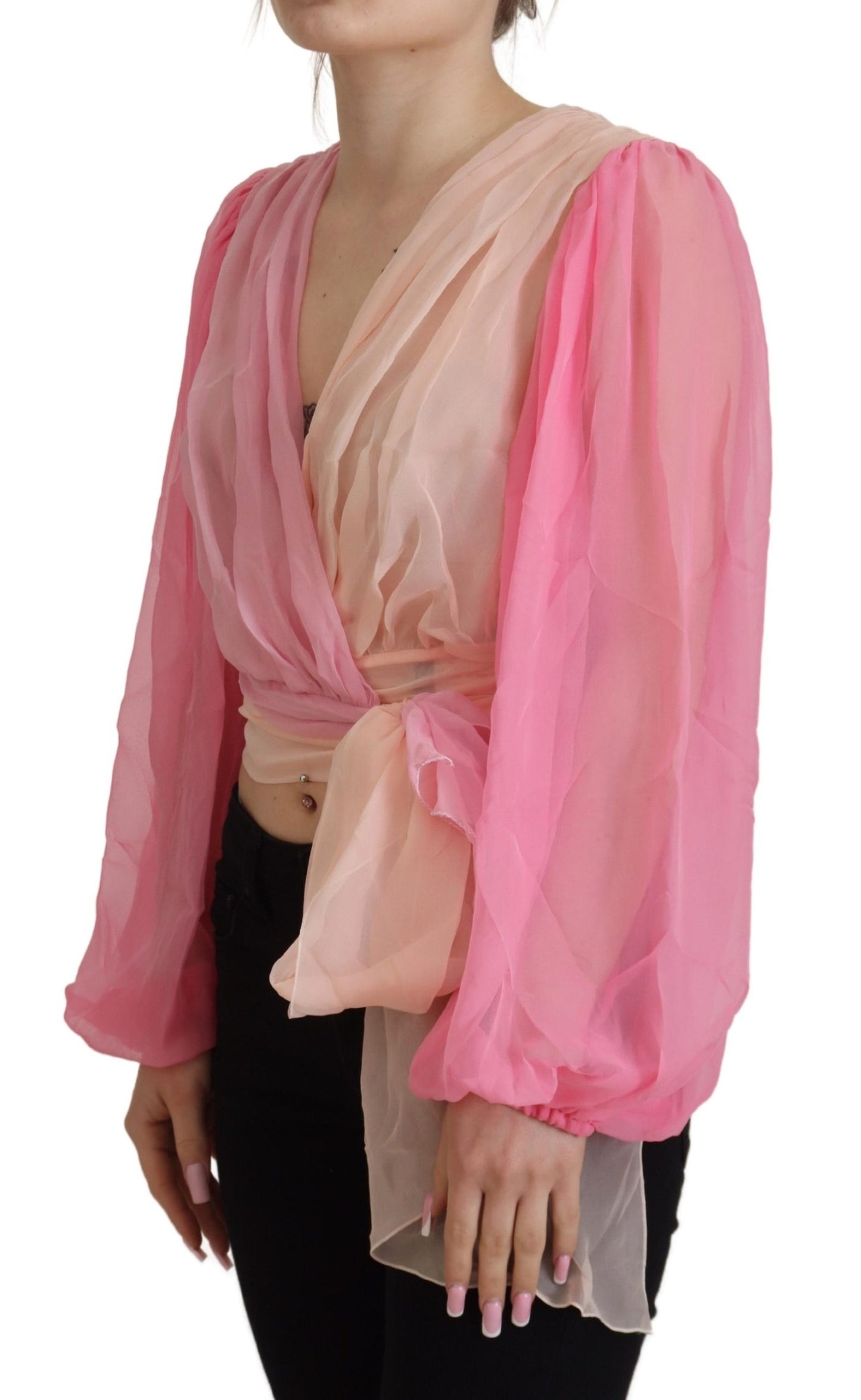 Pink Silk Wrap Long Sleeves Blouse Top