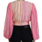 Pink Silk Wrap Long Sleeves Blouse Top
