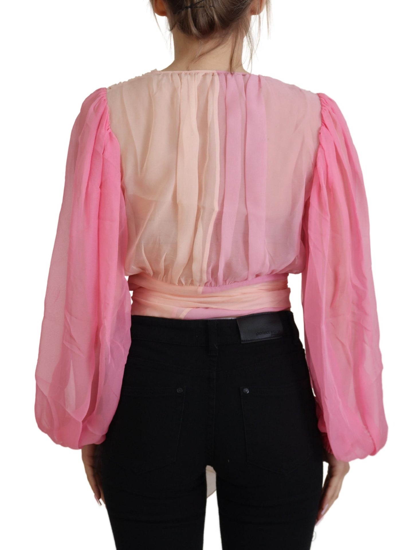 Pink Silk Wrap Long Sleeves Blouse Top