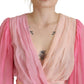 Pink Silk Wrap Long Sleeves Blouse Top