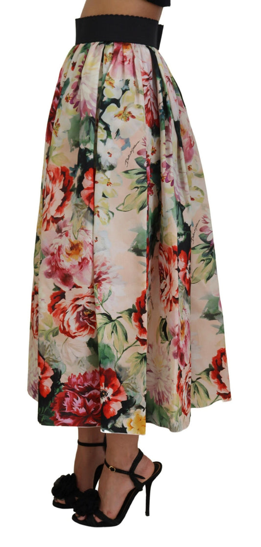 High Waist Floral Silk Midi Skirt