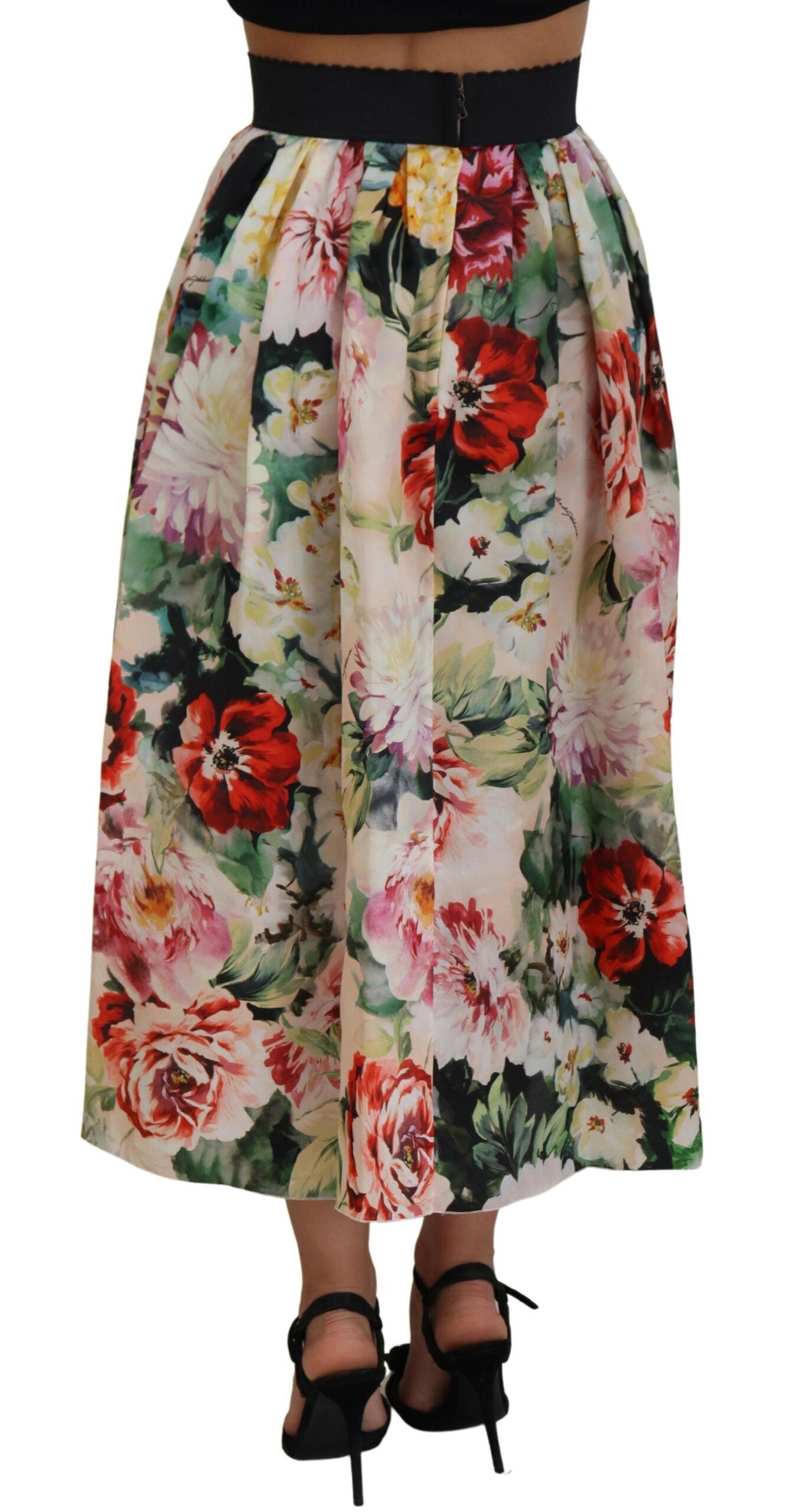 High Waist Floral Silk Midi Skirt