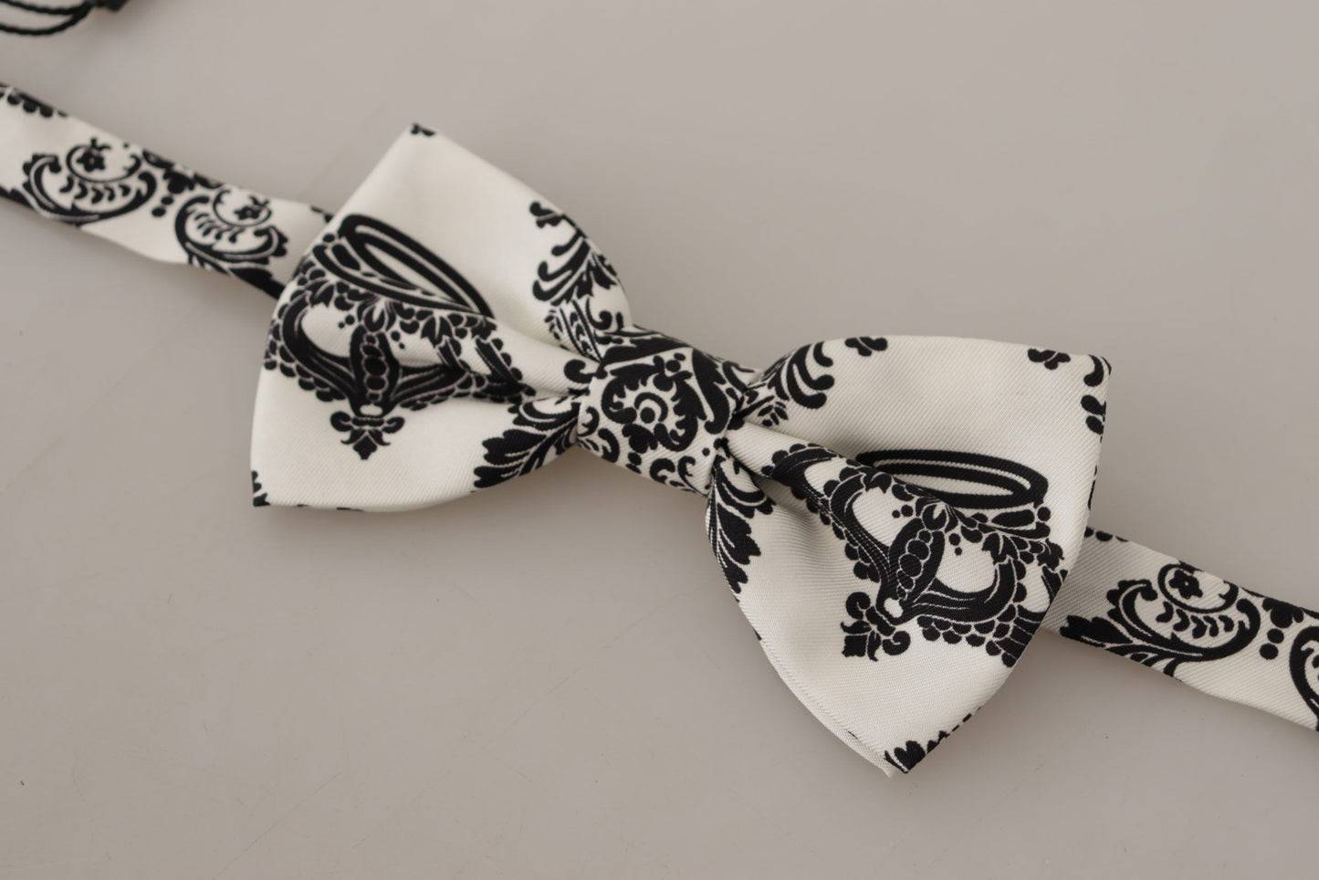 Elegant White Silk Bow Tie with Crown Pattern