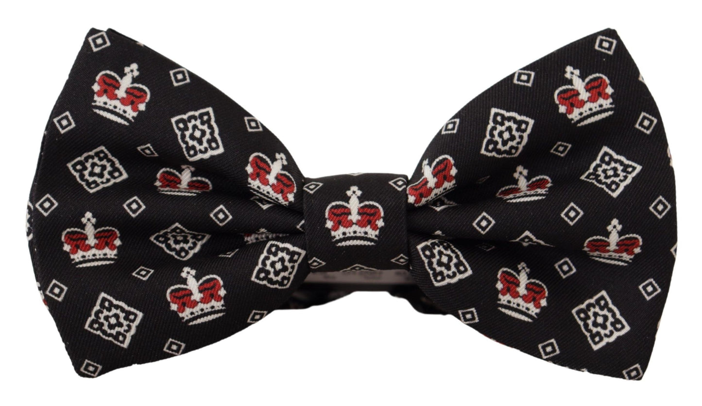 Elegant Black Silk Crown Pattern Bow Tie