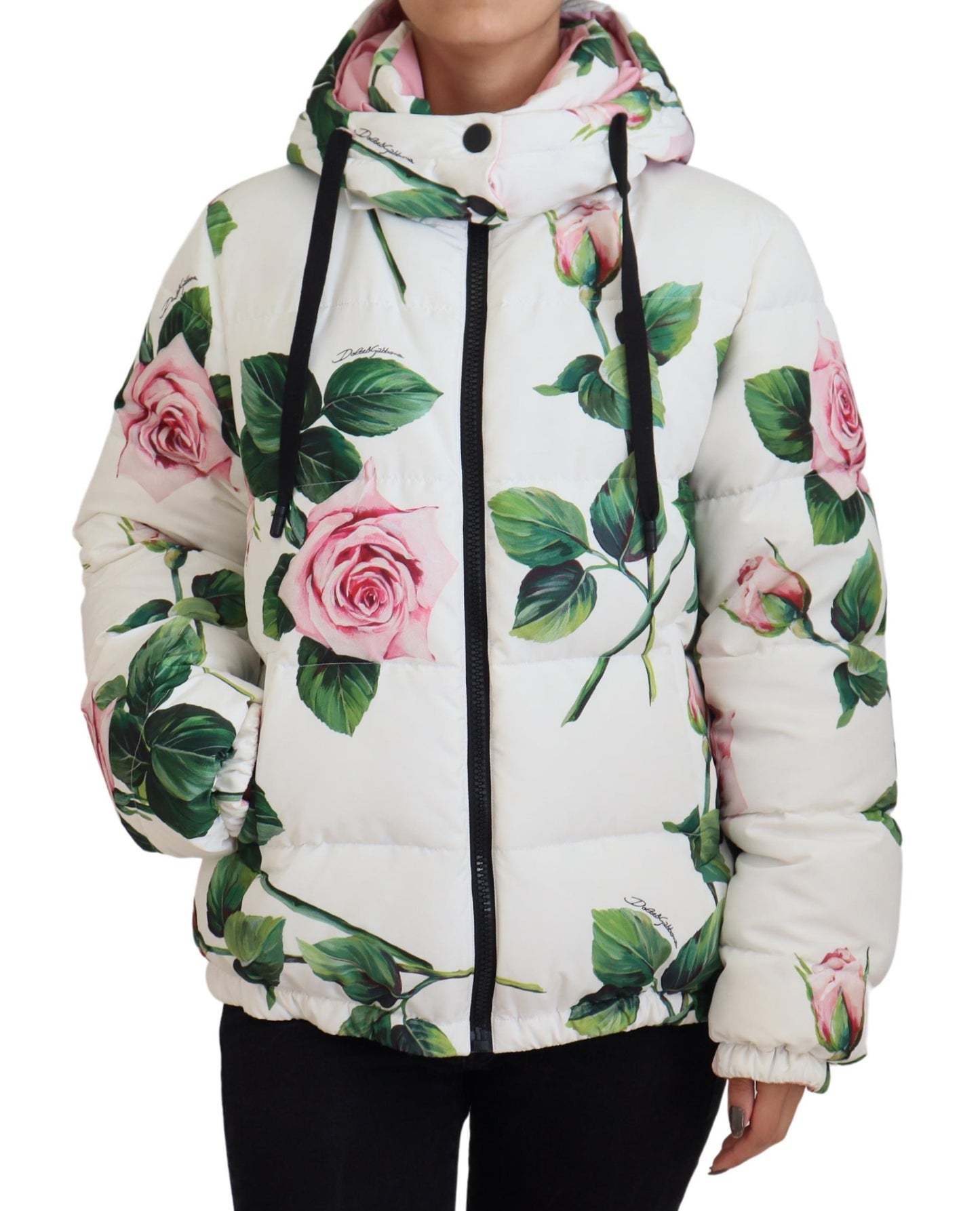 Elegant White Rose Print Zip Jacket