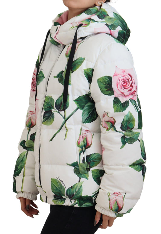 Elegant White Rose Print Zip Jacket