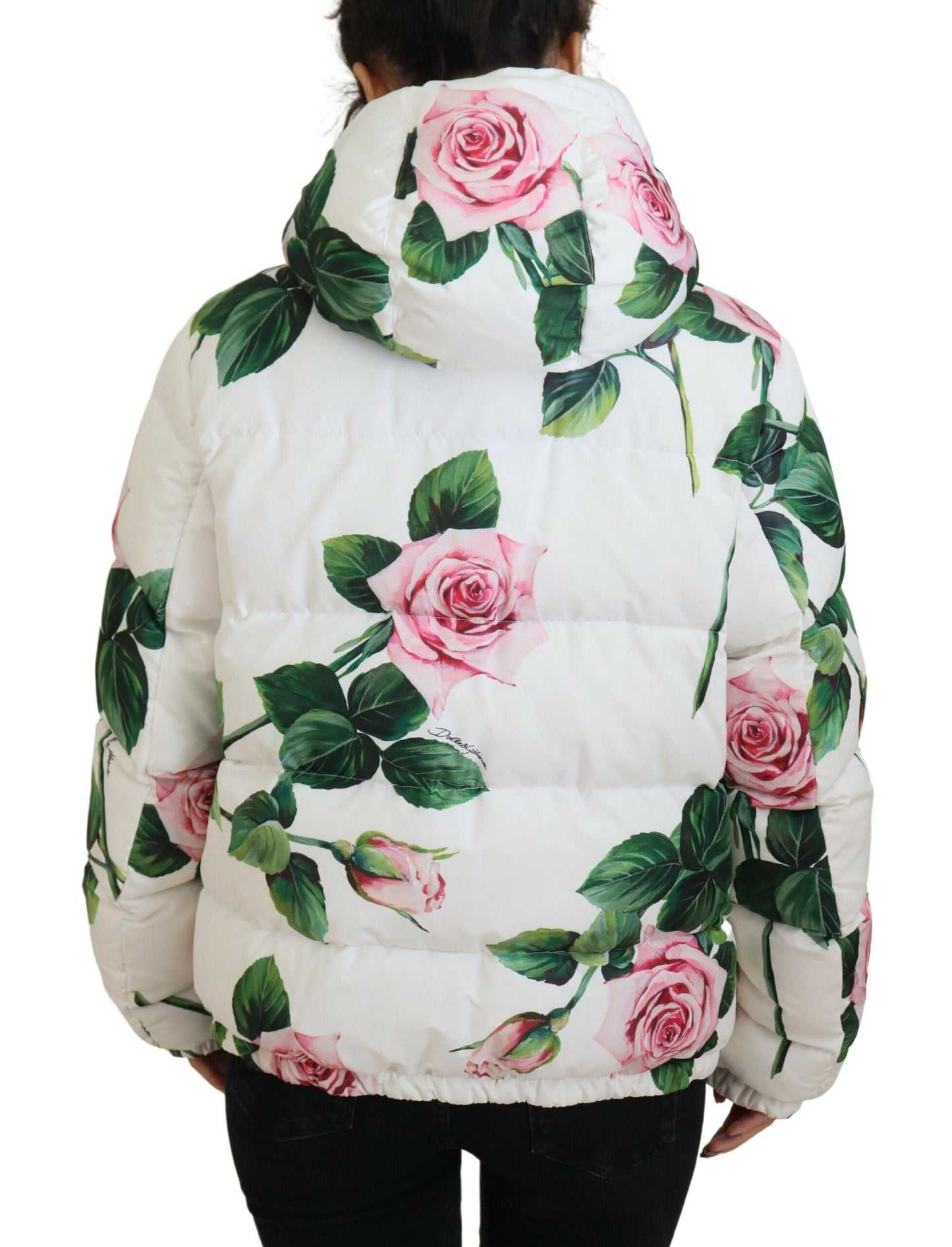 Elegant White Rose Print Zip Jacket