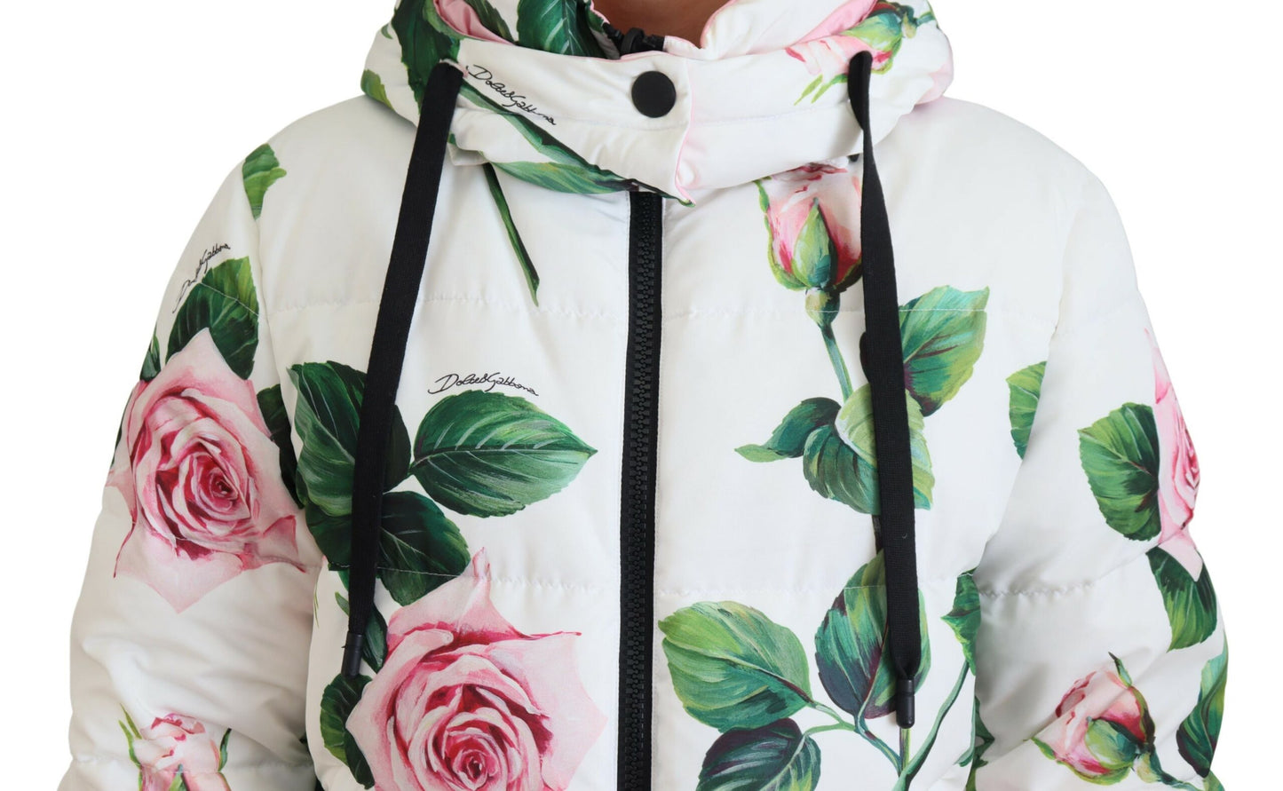 Elegant White Rose Print Zip Jacket