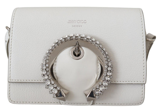 Chic White Leather Shoulder Bag with Crystal Buckle