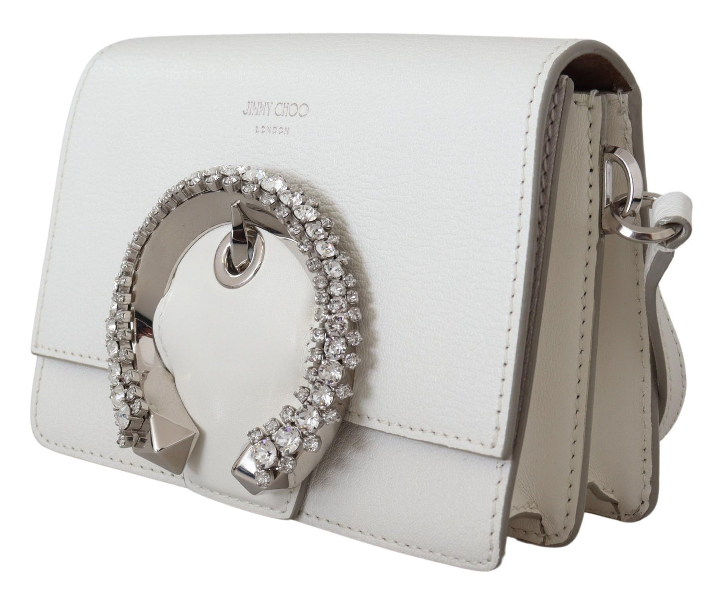 Chic White Leather Shoulder Bag with Crystal Buckle