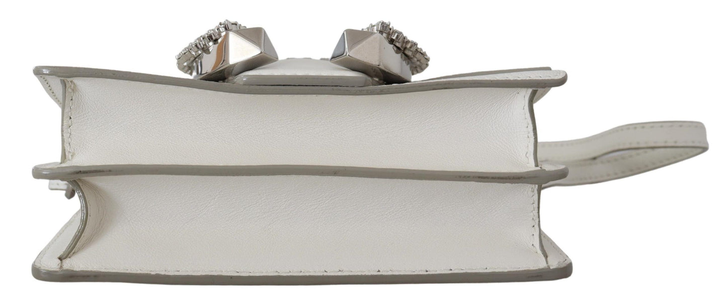 Chic White Leather Shoulder Bag with Crystal Buckle