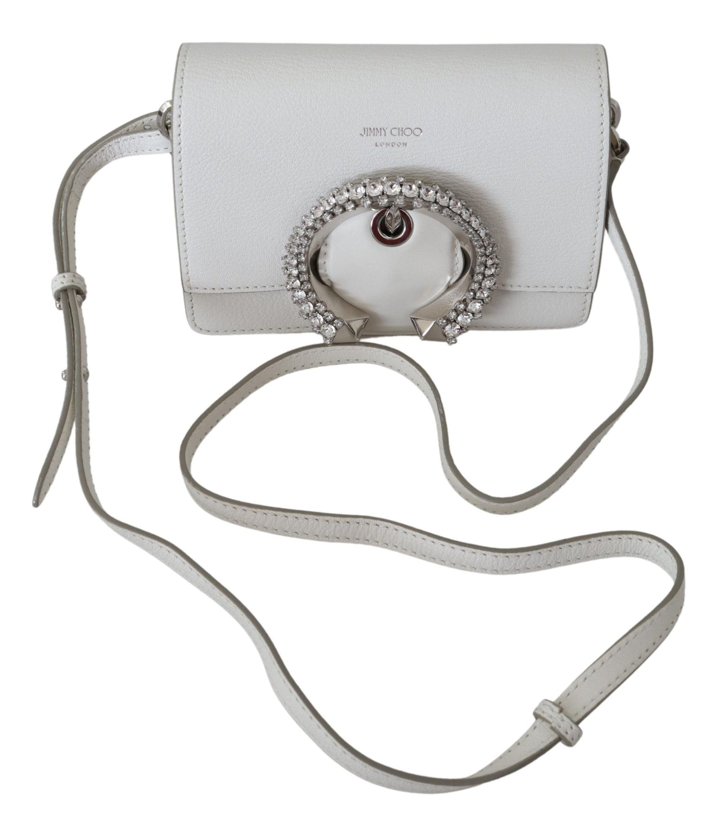 Chic White Leather Shoulder Bag with Crystal Buckle