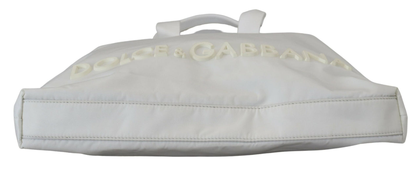 Elegant White Nylon Tote Bag with Leather Accents