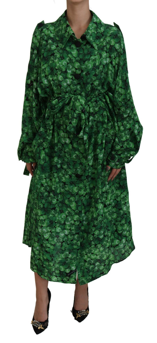 Silk Green Leaves Print Trench Jacket