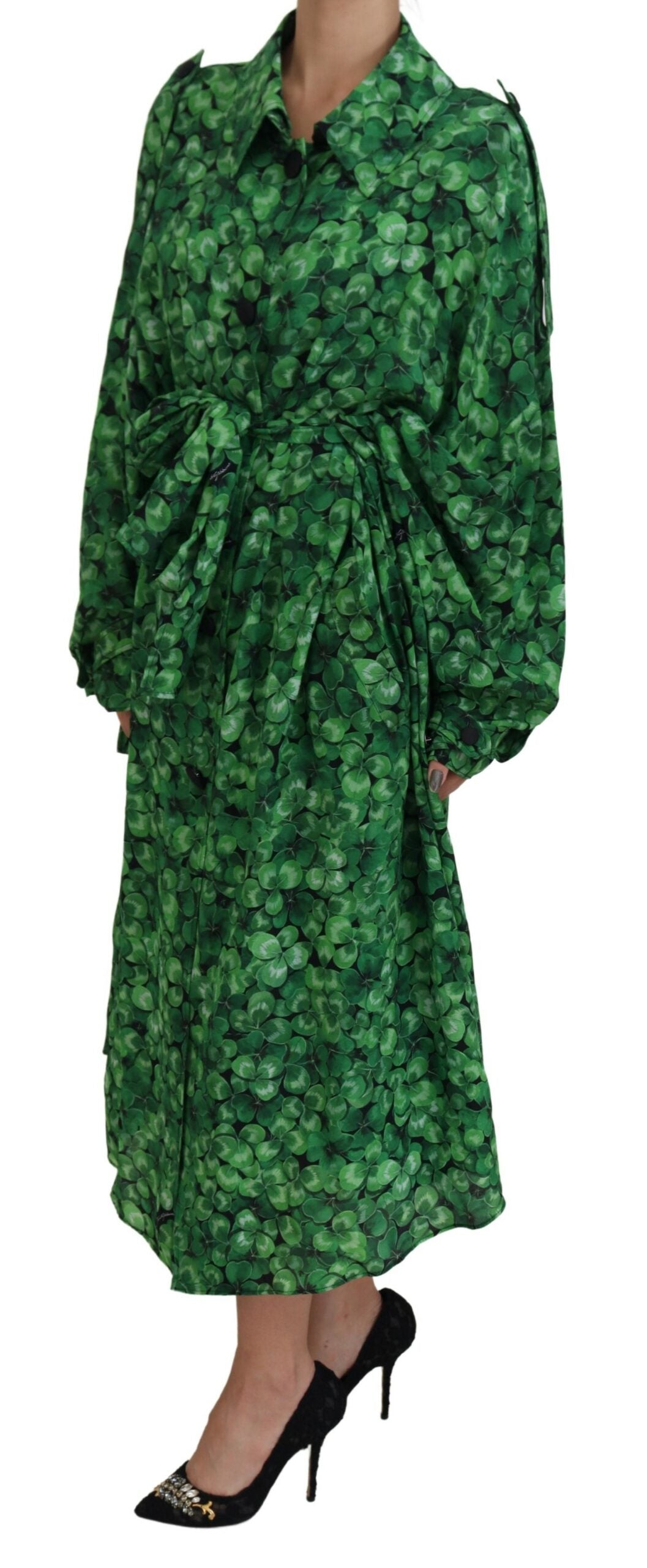 Silk Green Leaves Print Trench Jacket